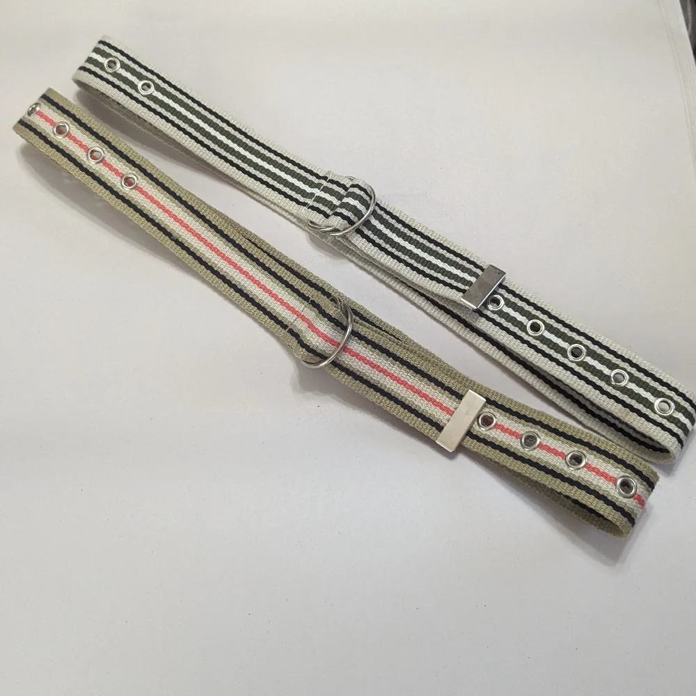 Vintage Preppy Pair Webbed Pinstripe Adj W Silver D Ring Closure Belts OS*